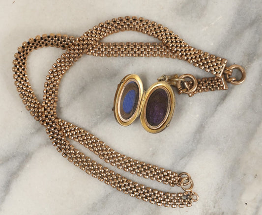 Lot 067 - Antique Brass Necklace Or Watch Chain And Locket Containing Two Locks Of Hair, Hair Memento Keepsakes, On Thick Chain