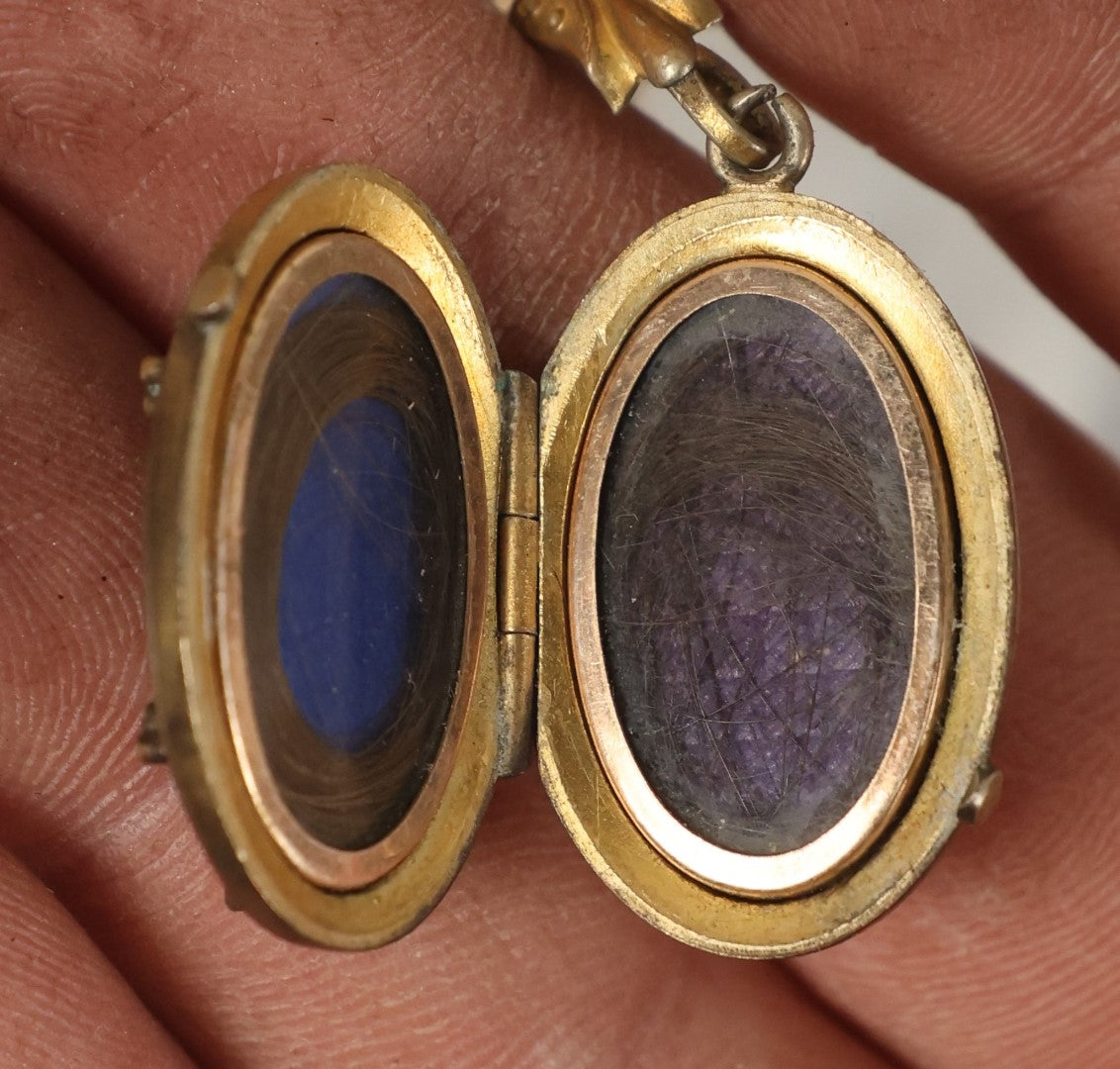 Lot 067 - Antique Brass Necklace Or Watch Chain And Locket Containing Two Locks Of Hair, Hair Memento Keepsakes, On Thick Chain