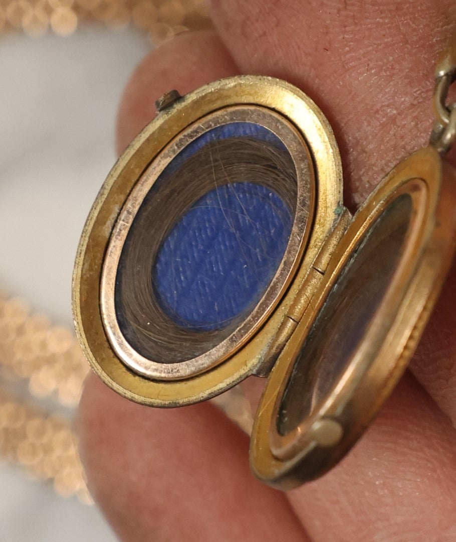 Lot 067 - Antique Brass Necklace Or Watch Chain And Locket Containing Two Locks Of Hair, Hair Memento Keepsakes, On Thick Chain