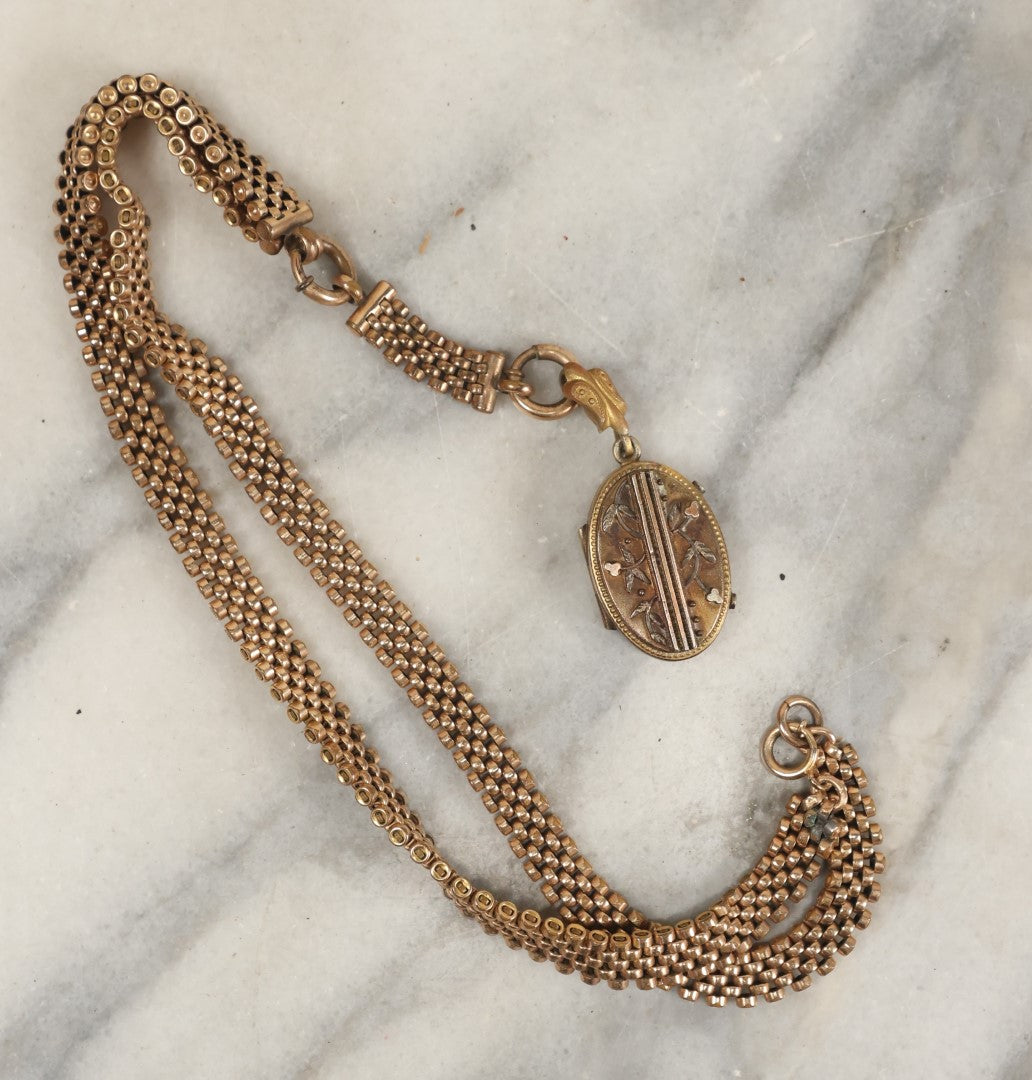Lot 067 - Antique Brass Necklace Or Watch Chain And Locket Containing Two Locks Of Hair, Hair Memento Keepsakes, On Thick Chain
