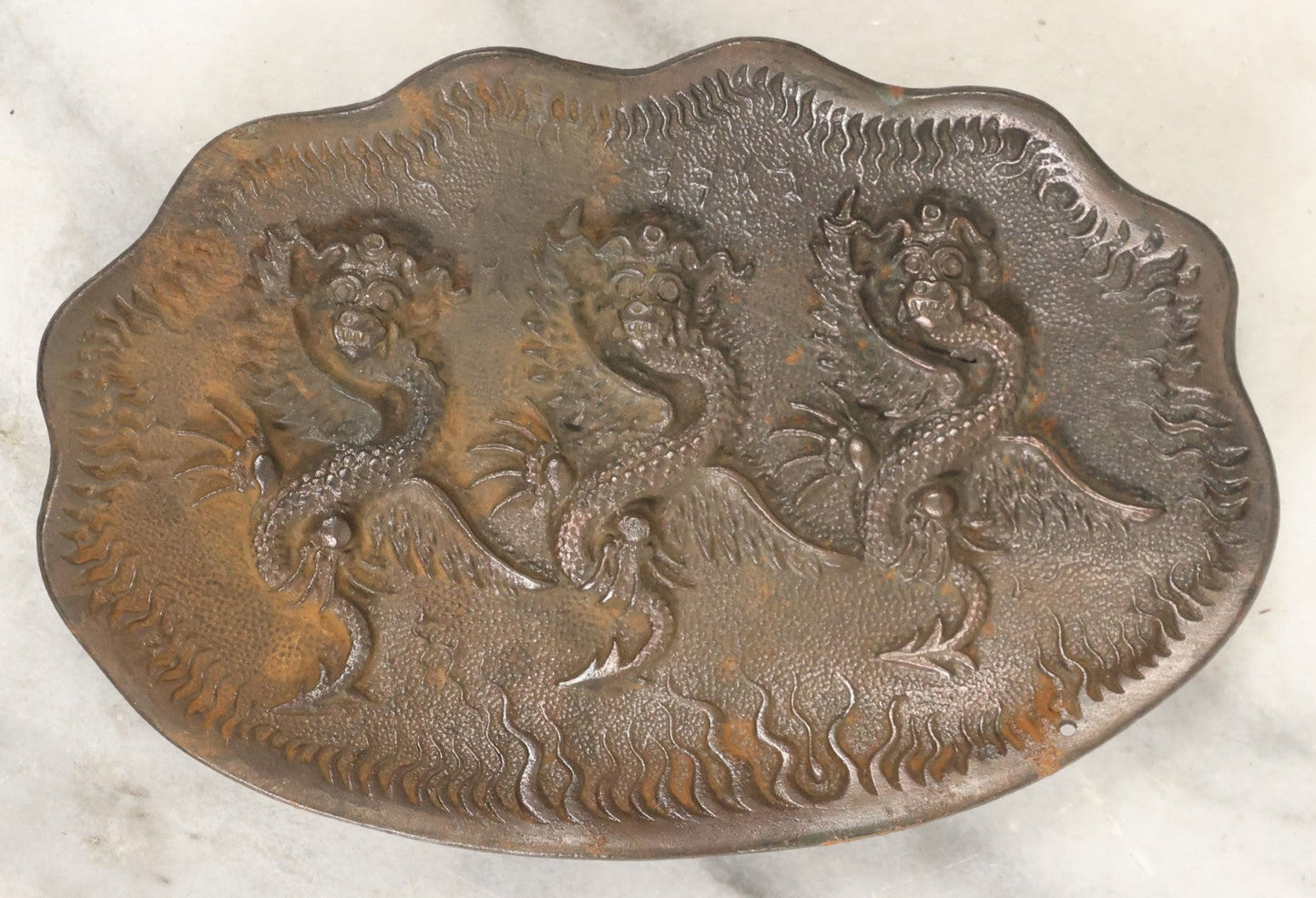 Lot 068 - Vintage Cast Metal Chinese Trinket Or Change Tray With Three Dragons, Note Rust Spots