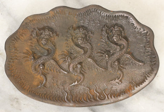 Lot 068 - Vintage Cast Metal Chinese Trinket Or Change Tray With Three Dragons, Note Rust Spots