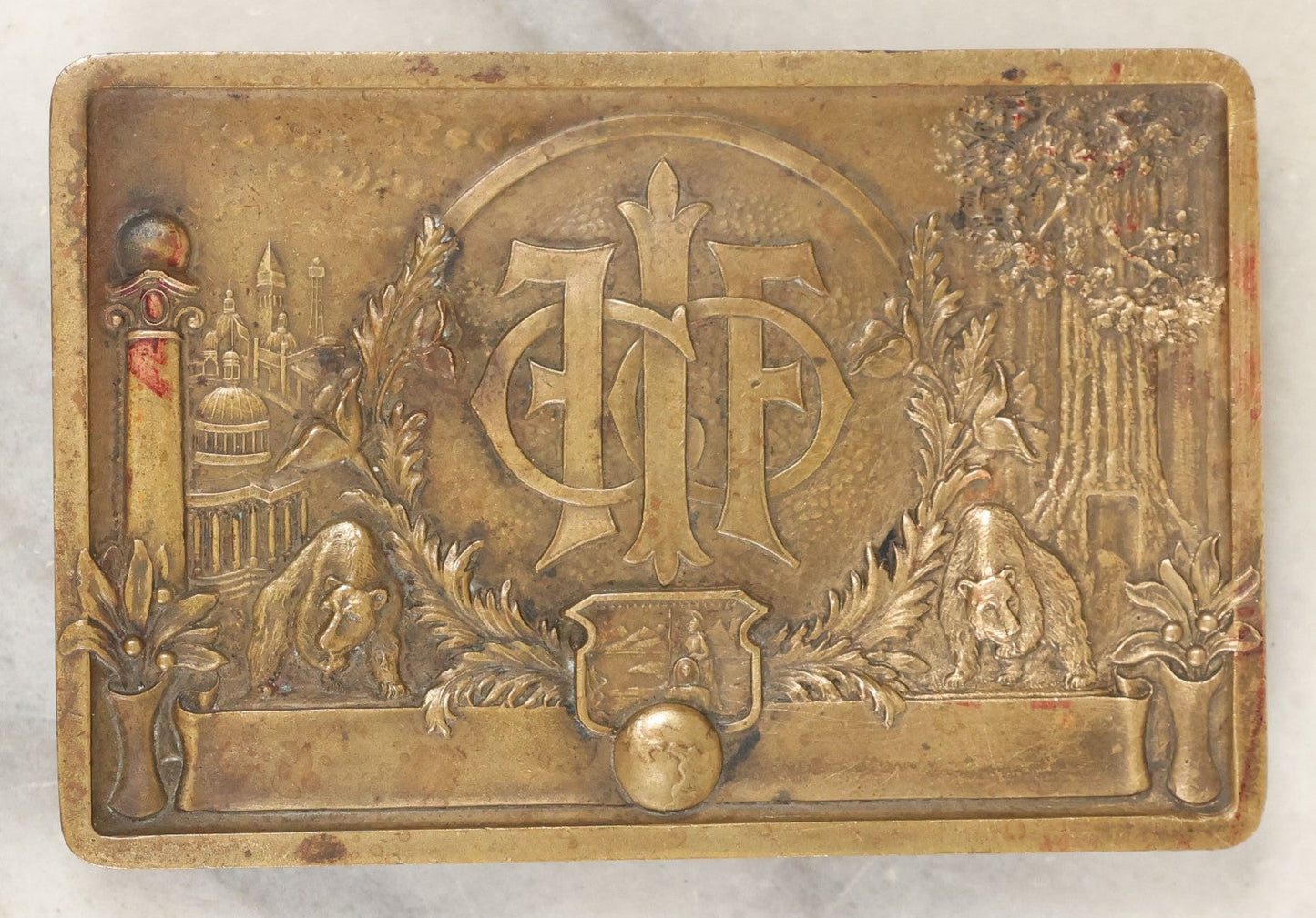 Lot 071 - Antique Small Cast Metal Footed Tray Or Trivet With Bears, Globe, Large Trees, Appears To Be Marked F.I.F. Co., Unknown Origin, Likely Fraternal