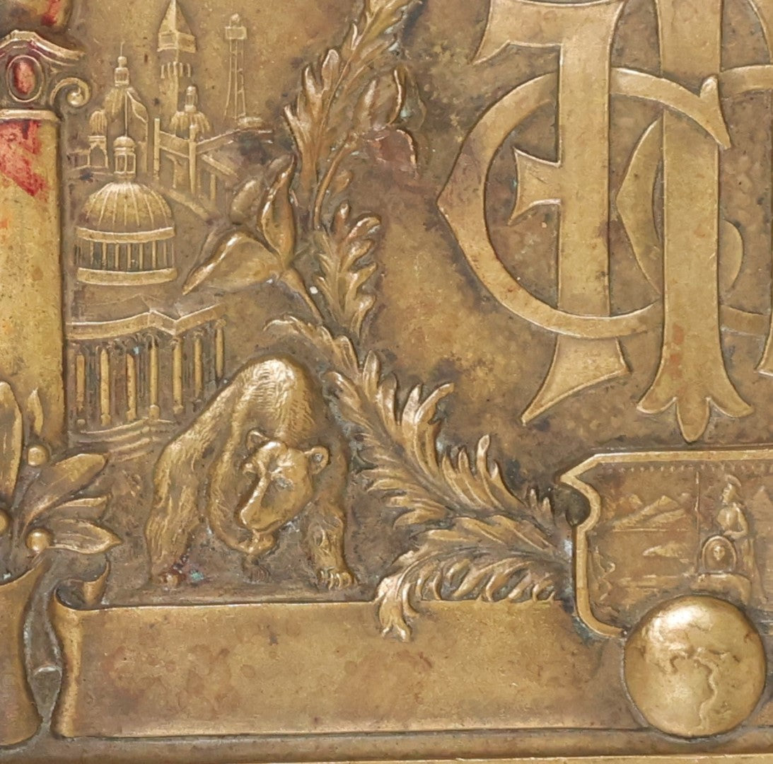 Lot 071 - Antique Small Cast Metal Footed Tray Or Trivet With Bears, Globe, Large Trees, Appears To Be Marked F.I.F. Co., Unknown Origin, Likely Fraternal