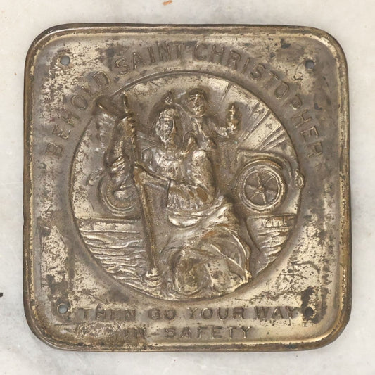 Lot 073 - Antique Saint Christopher Embossed Metal Protection Plaque For Travelers, Car Dash Plaque, With Saint Protecting Driver