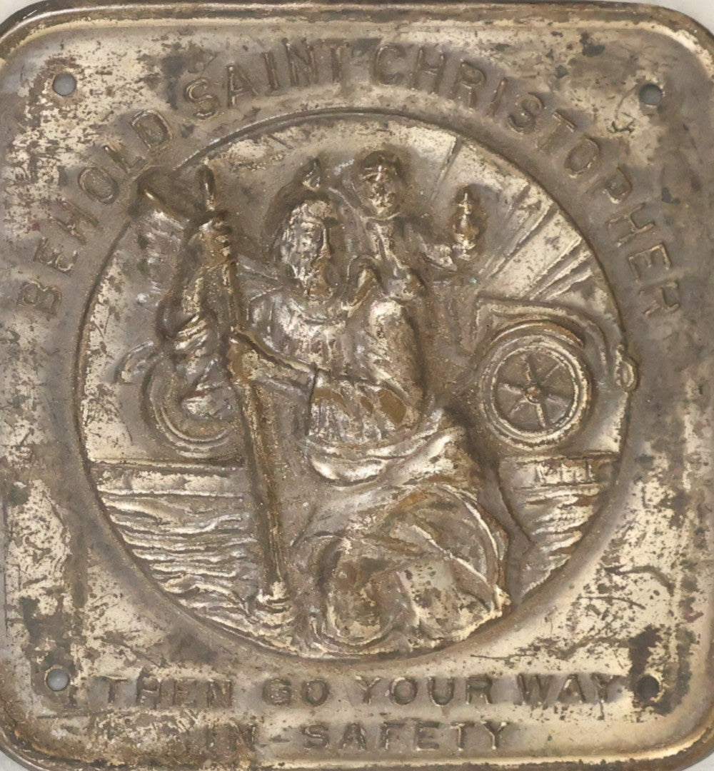 Lot 073 - Antique Saint Christopher Embossed Metal Protection Plaque For Travelers, Car Dash Plaque, With Saint Protecting Driver