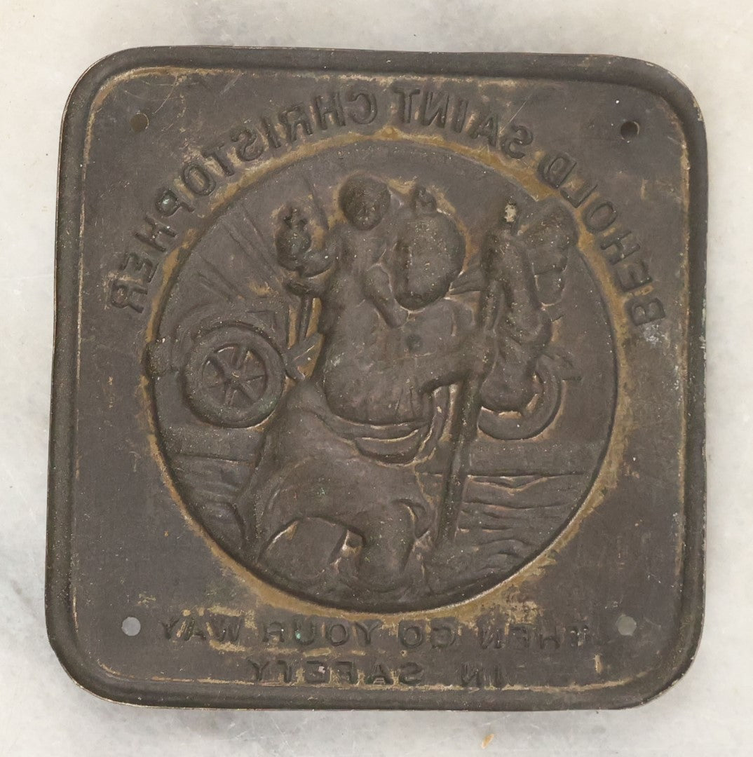 Lot 073 - Antique Saint Christopher Embossed Metal Protection Plaque For Travelers, Car Dash Plaque, With Saint Protecting Driver
