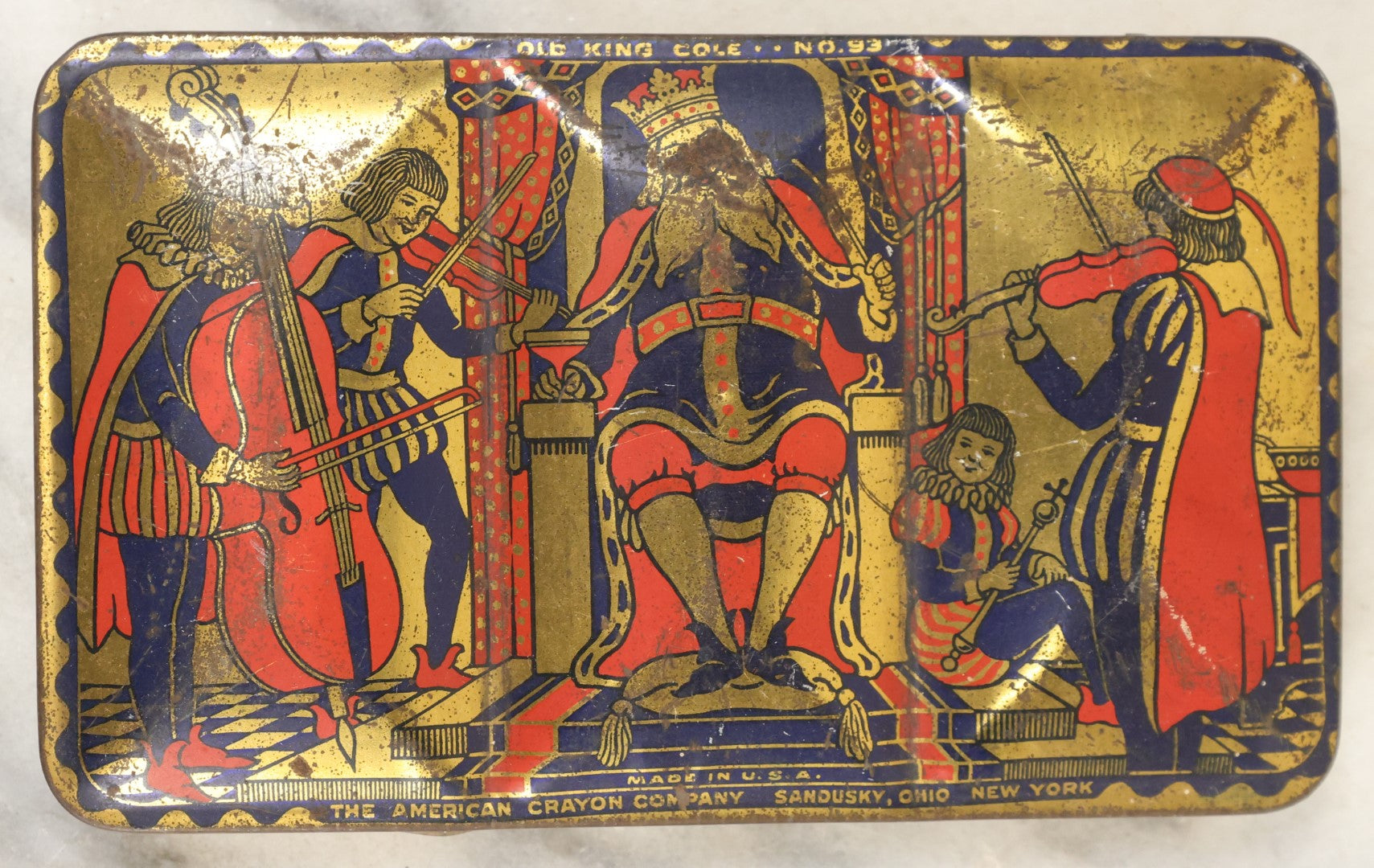 Lot 074 - Vintage Tin Lithograph Metal Crayon Box, The American Crayon Company, Sandusky Ohio, New York, Made In U.S.A., Old King Cole, Design No. 93, Note Wear, Losses 