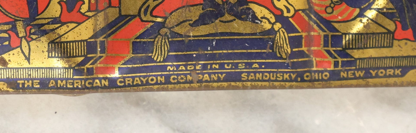 Lot 074 - Vintage Tin Lithograph Metal Crayon Box, The American Crayon Company, Sandusky Ohio, New York, Made In U.S.A., Old King Cole, Design No. 93, Note Wear, Losses 