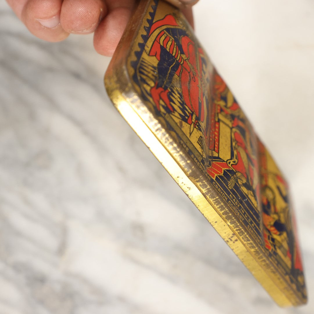 Lot 074 - Vintage Tin Lithograph Metal Crayon Box, The American Crayon Company, Sandusky Ohio, New York, Made In U.S.A., Old King Cole, Design No. 93, Note Wear, Losses 