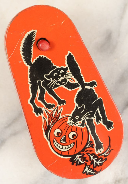 Lot 075 - Vintage Tin Lithograph Halloween Noisemaker With Two Black Cats Fighting, Smiling Jack-O-Lantern J.O.L. Pumpkin, Leaves, By Kirchhof, Newark, New Jersey, Made In U.S.A, Circa 1920s