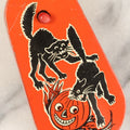 Lot 075 - Vintage Tin Lithograph Halloween Noisemaker With Two Black Cats Fighting, Smiling Jack-O-Lantern J.O.L. Pumpkin, Leaves, By Kirchhof, Newark, New Jersey, Made In U.S.A, Circa 1920s