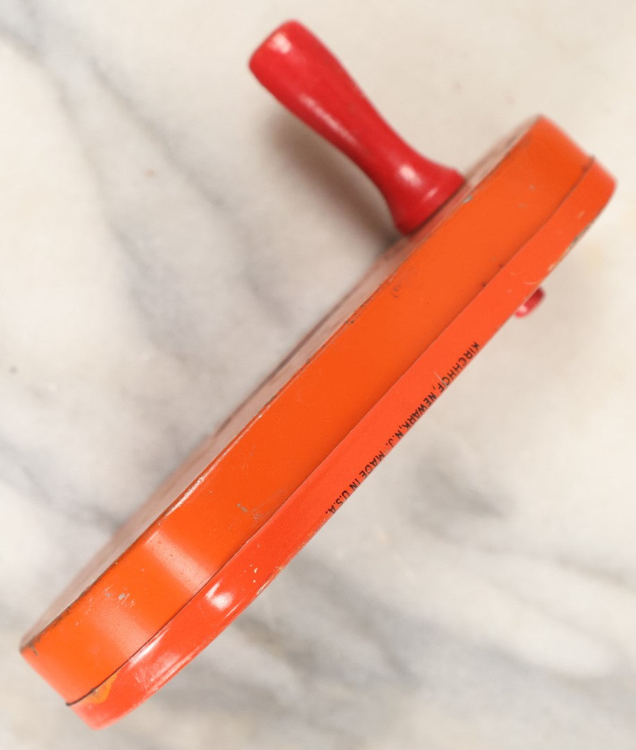 Lot 075 - Vintage Tin Lithograph Halloween Noisemaker With Two Black Cats Fighting, Smiling Jack-O-Lantern J.O.L. Pumpkin, Leaves, By Kirchhof, Newark, New Jersey, Made In U.S.A, Circa 1920s