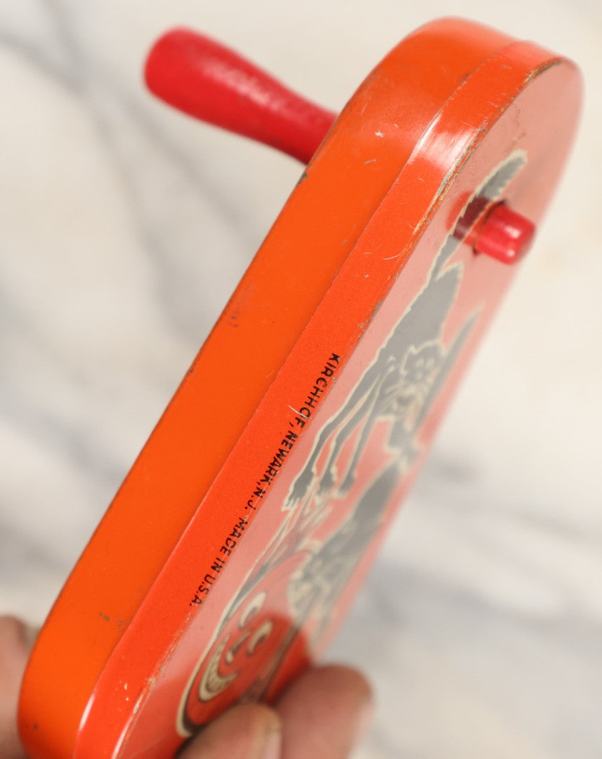 Lot 075 - Vintage Tin Lithograph Halloween Noisemaker With Two Black Cats Fighting, Smiling Jack-O-Lantern J.O.L. Pumpkin, Leaves, By Kirchhof, Newark, New Jersey, Made In U.S.A, Circa 1920s