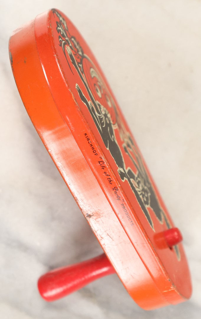 Lot 075 - Vintage Tin Lithograph Halloween Noisemaker With Two Black Cats Fighting, Smiling Jack-O-Lantern J.O.L. Pumpkin, Leaves, By Kirchhof, Newark, New Jersey, Made In U.S.A, Circa 1920s