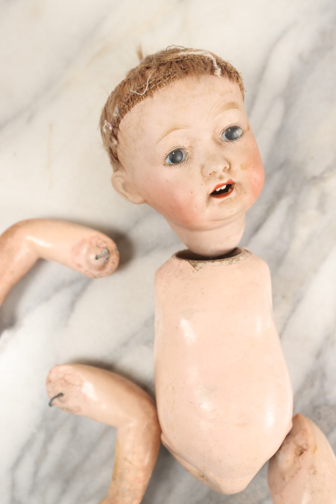 Lot 076 - Antique China Head Doll With Partial Composition Body, Doll Head Marked On Back Of Neck, Missing Limb