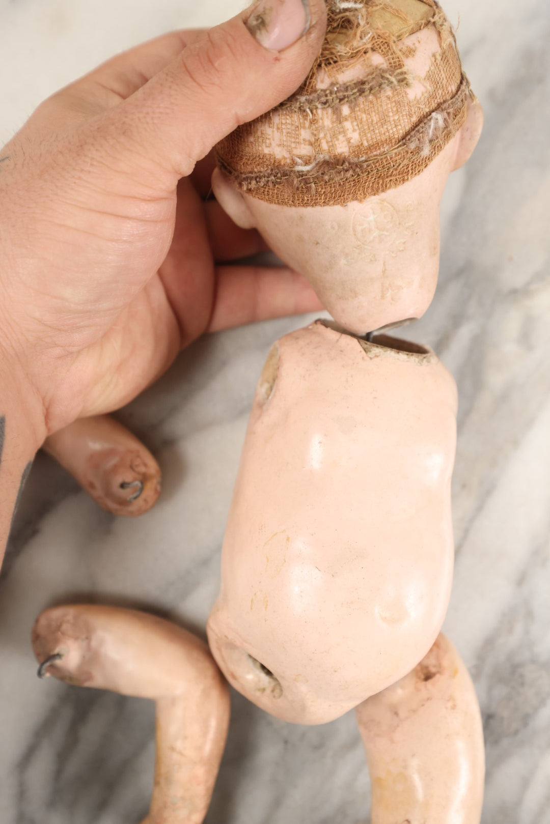 Lot 076 - Antique China Head Doll With Partial Composition Body, Doll Head Marked On Back Of Neck, Missing Limb