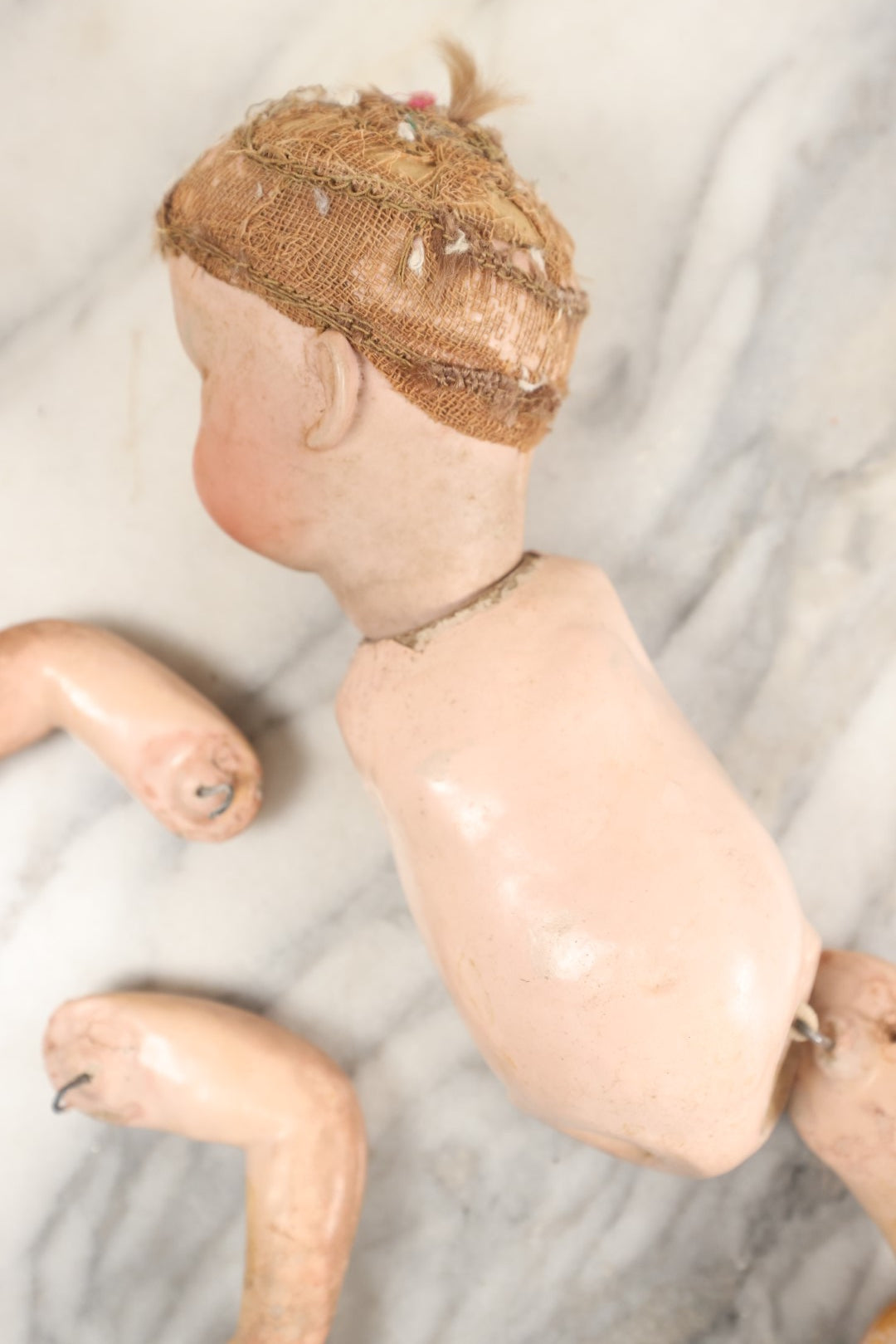 Lot 076 - Antique China Head Doll With Partial Composition Body, Doll Head Marked On Back Of Neck, Missing Limb