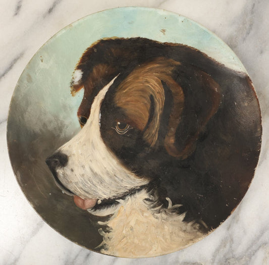 Lot 079 - Antique Folk Art Hand Painted Frosted Glass Plate With A Saint Bernard Dog Head Portrait, After A Commonly Painted Image, Circa Early 20th Century