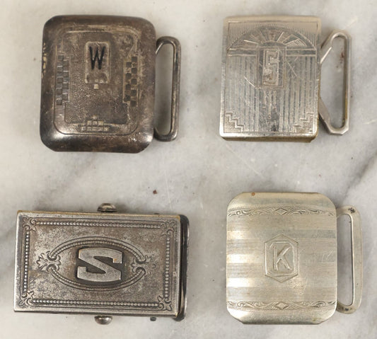 Lot 082 - Grouping Of Four Silver Plate Monogrammed Antique Or Vintage Art Deco Belt Buckles, 2 s, M, And K, Brands Include Maco, Hickok, And Spur, One Lot One Money