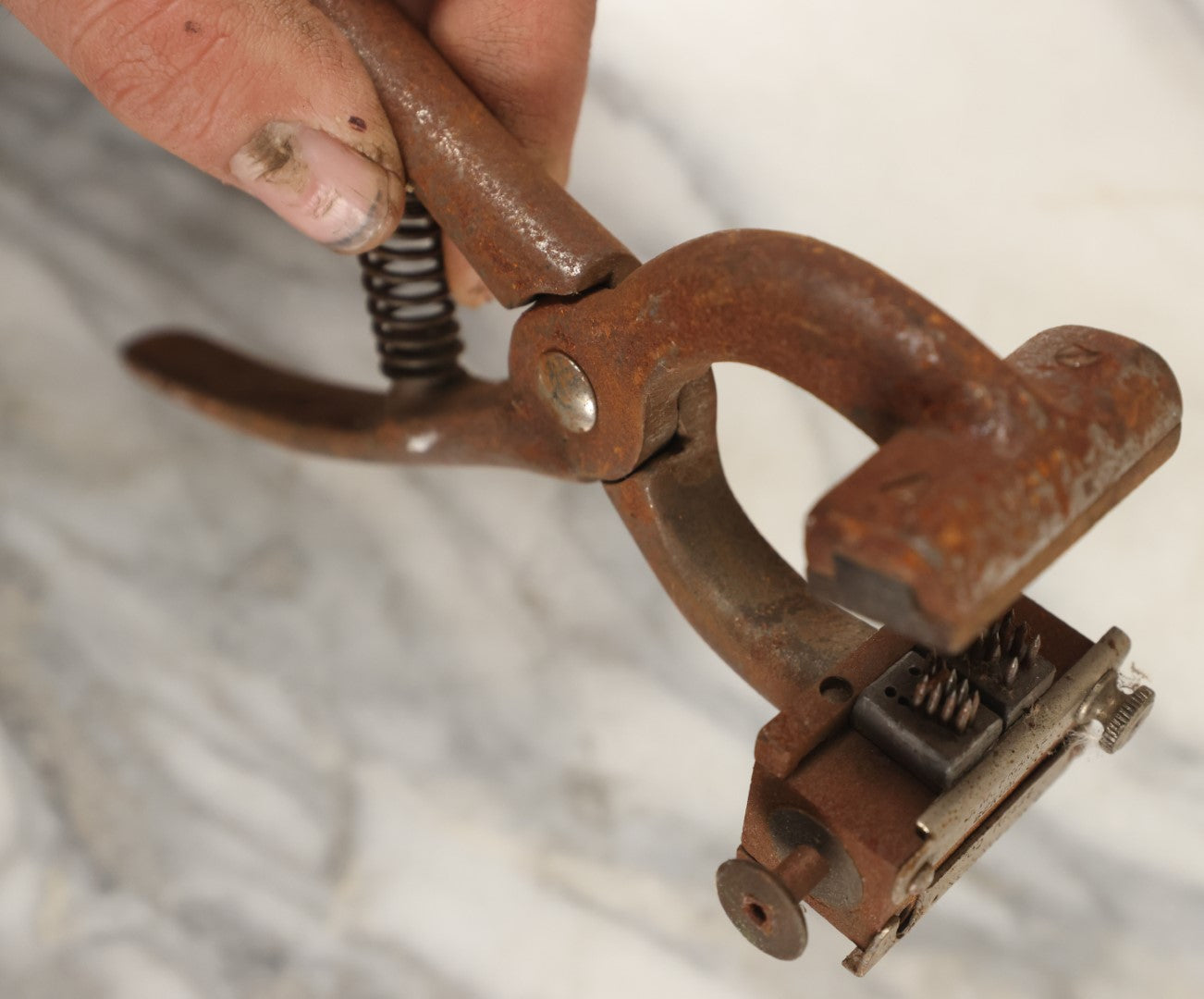 Lot 083 - Vintage Metal Cattle I.D. Tattoo Outfit, Ear Stamper, Brander, By O.M. Franklin Serum Co.