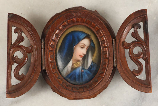 Lot 084 - Antique Hand Painted Miniature Portrait Of The Virgin Mary In Hand Carved Folk Art Frame With Swinging Doors, Kickstand