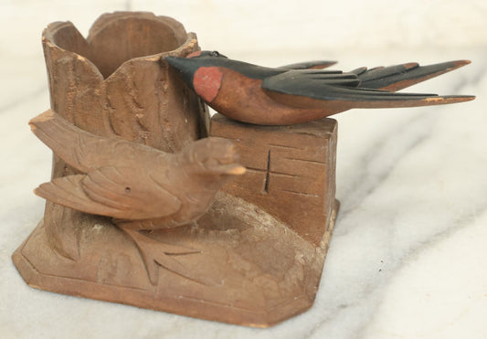 Lot 089 - Hand Carved Folk Art Toothpick Holder With Birds, Painted Swallow, Signed F.O. On Bottom, Note Losses, Damage
