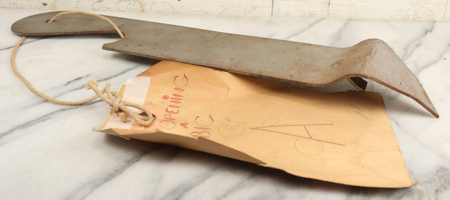 Lot 091 - Vintage Folk Art Welded Jumbo Novelty Bottle Opener, With Attached Note "For Opening A Big A" With Comic Drawing, 26th Birthday Gift