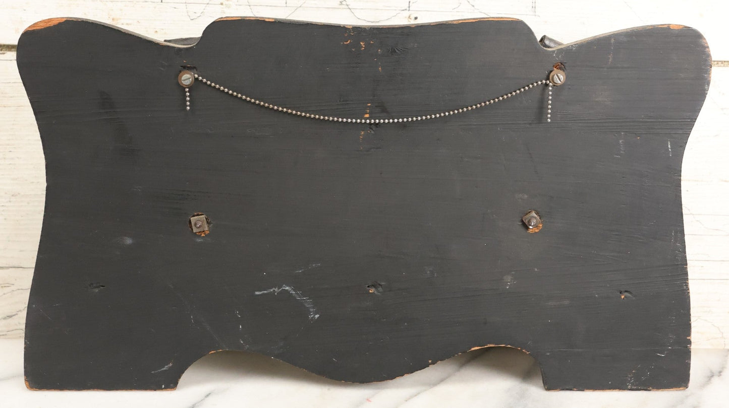 Lot 093 - Antique Chalkware Friar Heads Wall Hanging Match Safe And Match Strike, Matches Go In Friar's Heads, On Wooden Plaque With Metal Adornments, Note Various Chipping Losses