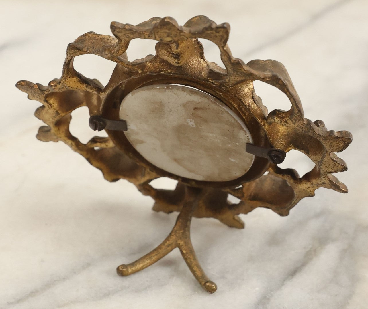 Lot 095 - Antique Hand Painted Porcelain Tile Of Woman With Teal And Purple Robe In Ormolu Brass Frame, Stamp On Verso