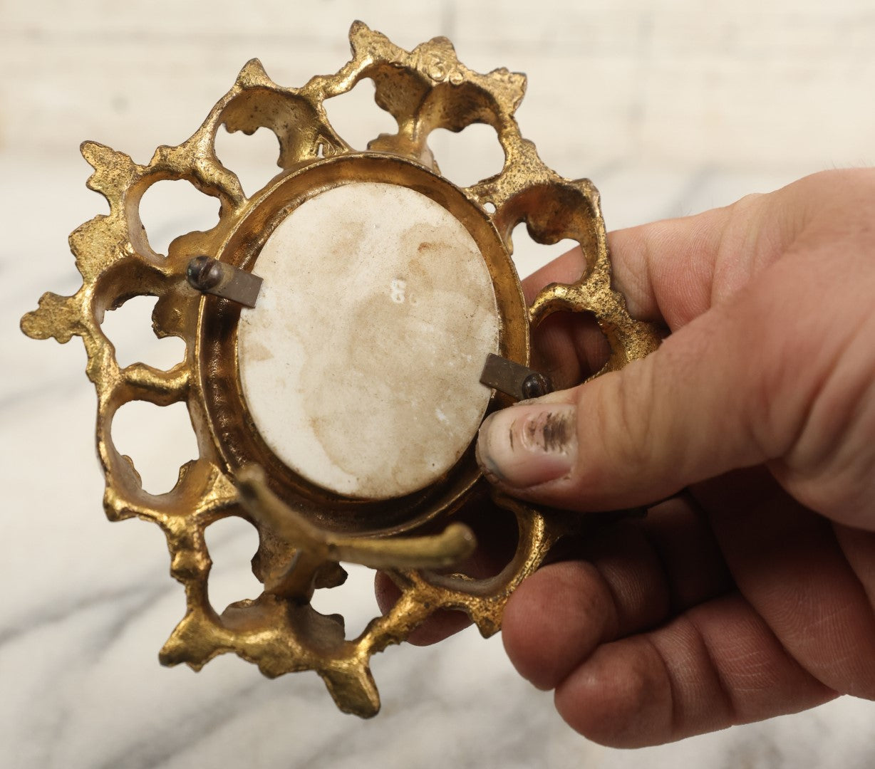 Lot 095 - Antique Hand Painted Porcelain Tile Of Woman With Teal And Purple Robe In Ormolu Brass Frame, Stamp On Verso