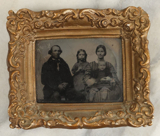 Lot 104 - Antique 1/6th Plate Ambrotype Of A Family, Mother, Father, Daughter, And Small Child, In Custom Gesso Frame
