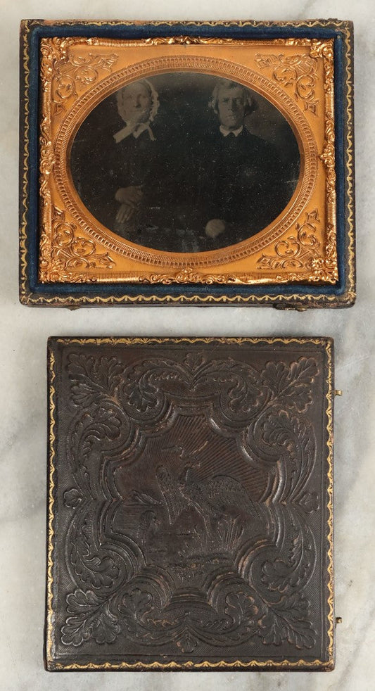 Lot 106 - Antique 1/6th Plate Ambrotype Of An Older Couple In A Split Complete Patriotic Letherette Union Case, With Eagle With Snake In Beak