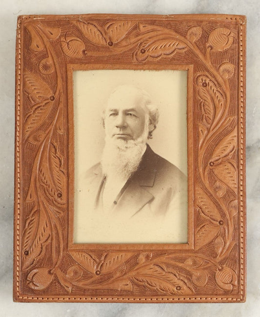 Lot 112 - Antique Carte De Visite C.D.V. Photograph Of An Old Man With A Big White Beard In Custom Tooled Leather Frame With Kickstand