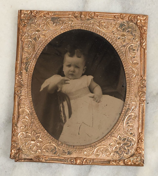 Lot 115 - Antique Matted Tintype Photograph Of Baby, In Chair, Likely Hidden Mother, With Hand In Motion, Concerned Expression