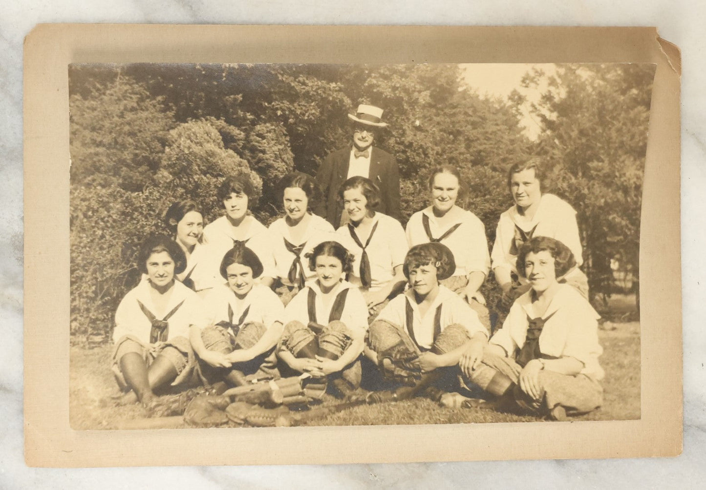 Lot 122 - Pair Of Early Mounted Photos Of A Women's Softball Or Baseball Team, With Coach, Equipment, Circa Early 20th Century