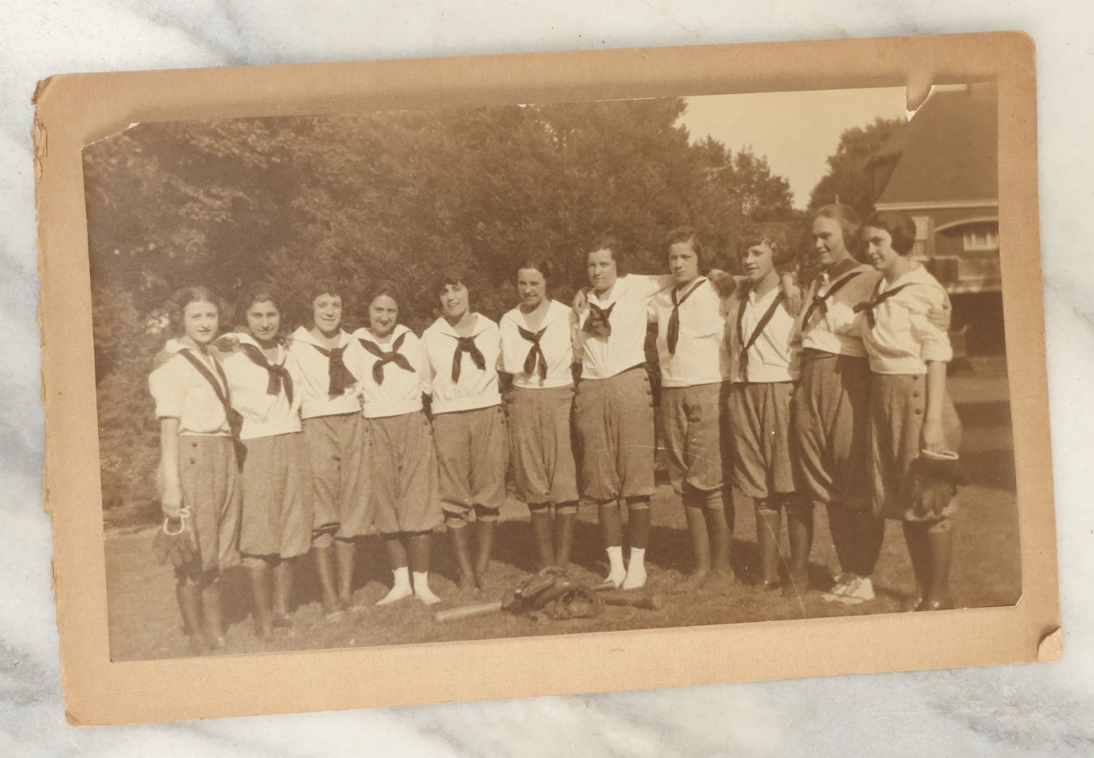 Lot 122 - Pair Of Early Mounted Photos Of A Women's Softball Or Baseball Team, With Coach, Equipment, Circa Early 20th Century