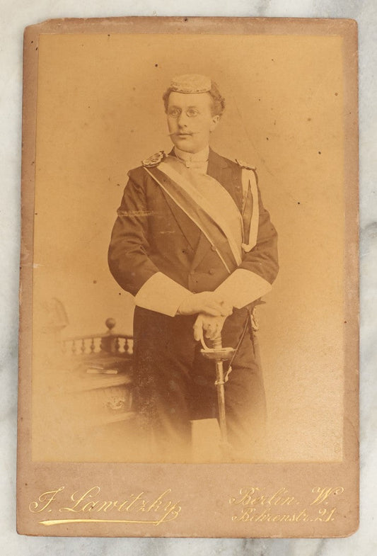 Lot 123 - Antique Cabinet Card Photograph Of A German Man In Fraternal, Possibly Military, Garb, F. Lanitxky Photographer, Berlin, Verso Marked "Herbst, 1888" (Man Also In Group Photo In Lot 126)