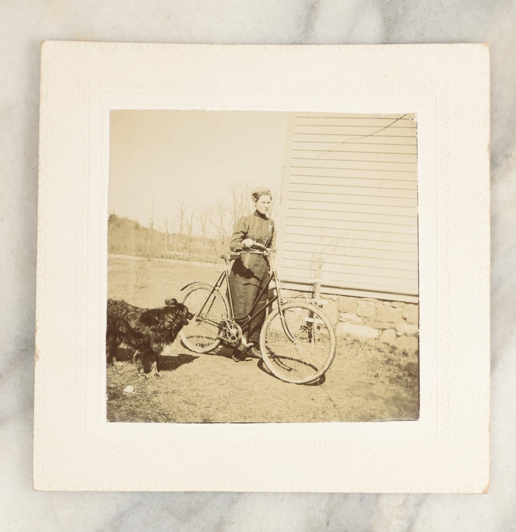 Lot 124 - Grouping Of Three Small Square Antique Boarded Photographs Including A Woman With Her Bike And Her Dog And A Man On A Horse Drawn Wagon Marked "Wilcox & Co."