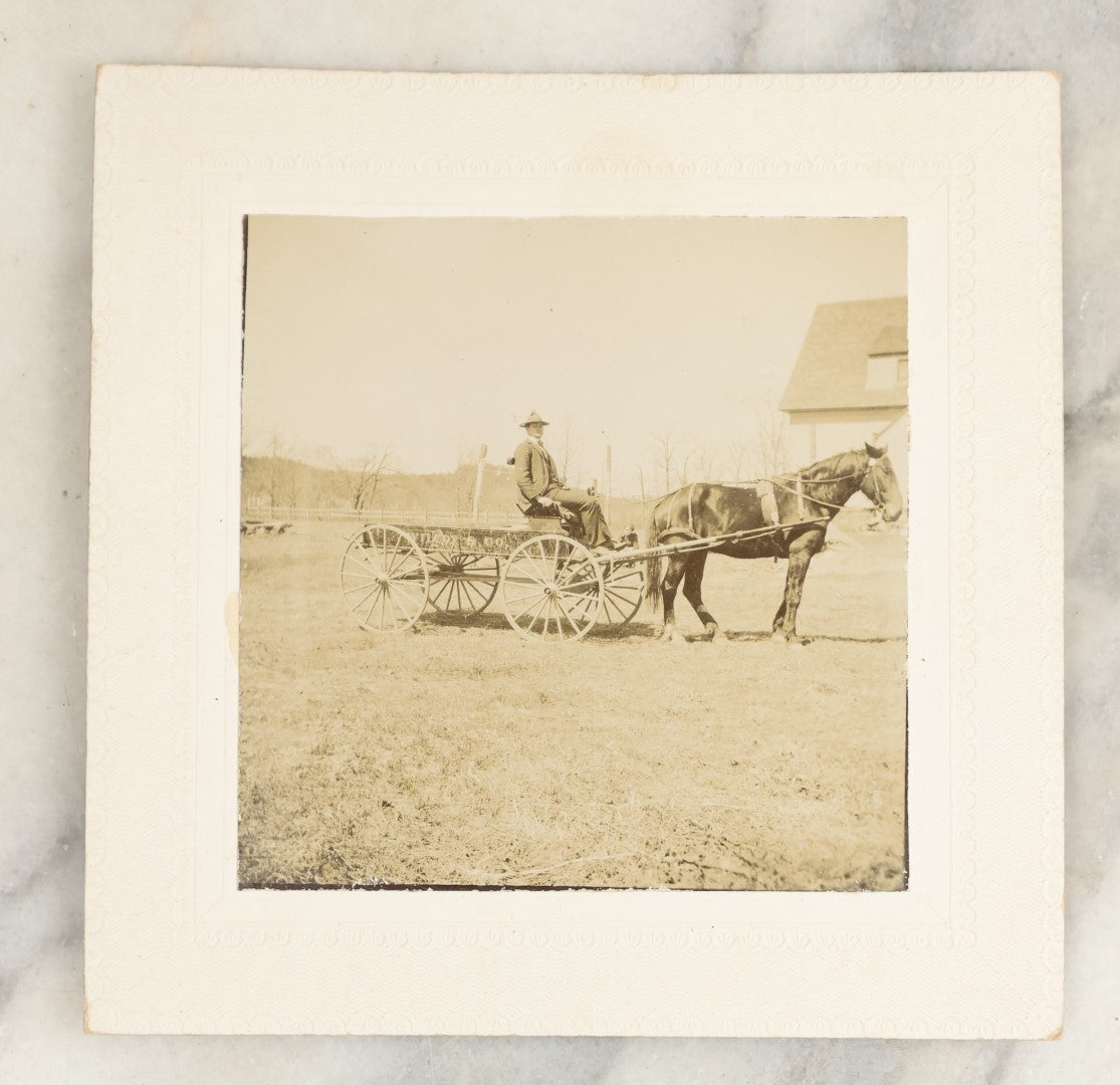 Lot 124 - Grouping Of Three Small Square Antique Boarded Photographs Including A Woman With Her Bike And Her Dog And A Man On A Horse Drawn Wagon Marked "Wilcox & Co."