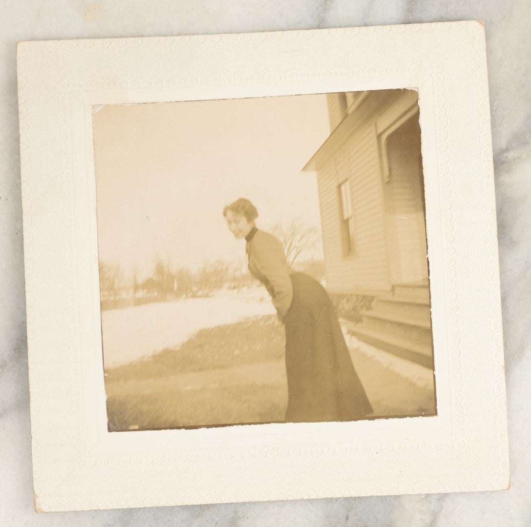 Lot 124 - Grouping Of Three Small Square Antique Boarded Photographs Including A Woman With Her Bike And Her Dog And A Man On A Horse Drawn Wagon Marked "Wilcox & Co."