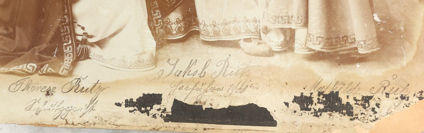 Lot 128 - Antique Boarded Photo Of Three Actors, Two Women And One Man, In Costume, Names Written In Pen, Illegible, Possible Surname Rutz, Note Wear, Poor Condition