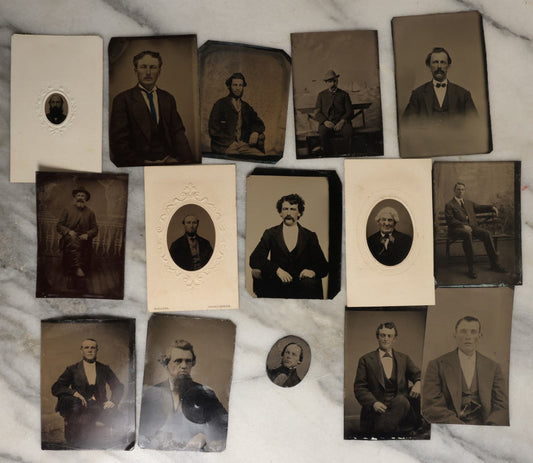 Lot 132 - Grouping Of Fifteen Antique Tintype Photographs Of Men, Including Old Man With White Hair And Grin, Bearded Man In Hat, Man With Large Mustache, Man With Nautical Backdrop, And Others