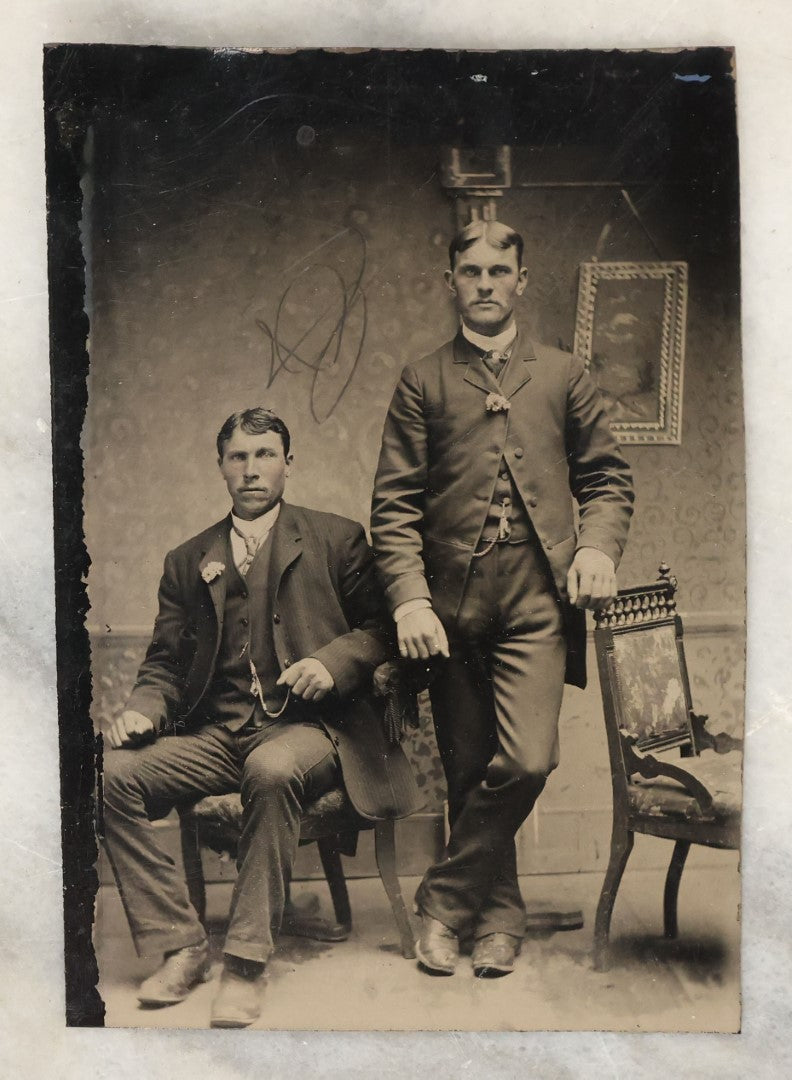 Lot 133 - Grouping Of Four Antique Tintype Photographs Of Men Together, Including Man And Friend Showing Off Watch, And Others