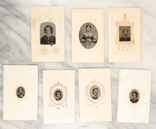 Lot 134 - Grouping Of Seven Antique Gem Size Tintype Photographs In Paper Mats Of Women, Including Young Women, Elderly Women, And Others