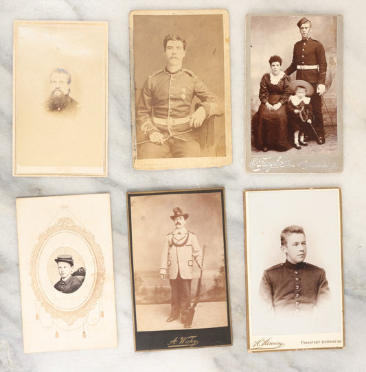 Lot 136 - Grouping Of Six Antique Carte De Visite C.D.V. Photographs Of Men In Uniform, Including Possible Civil War Veterans, Foreign Soldiers, Man With Rifle, Etc
