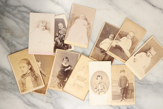 Lot 139 - Grouping Of 10+ Antique Carte De Visite C.D.V. Photographs Of Small Children And Babies Including Young With In Hat With Odd Shaped Head, Smiling Boy, And More