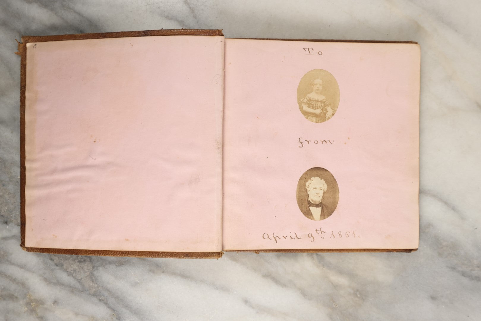 Lot 143 - Sparse Antique "Photographic Album" Leather Photography Album, Gifted To A Little Girl From Her Father Or Grandfather, Dated April 9, 1861, Mostly Empty
