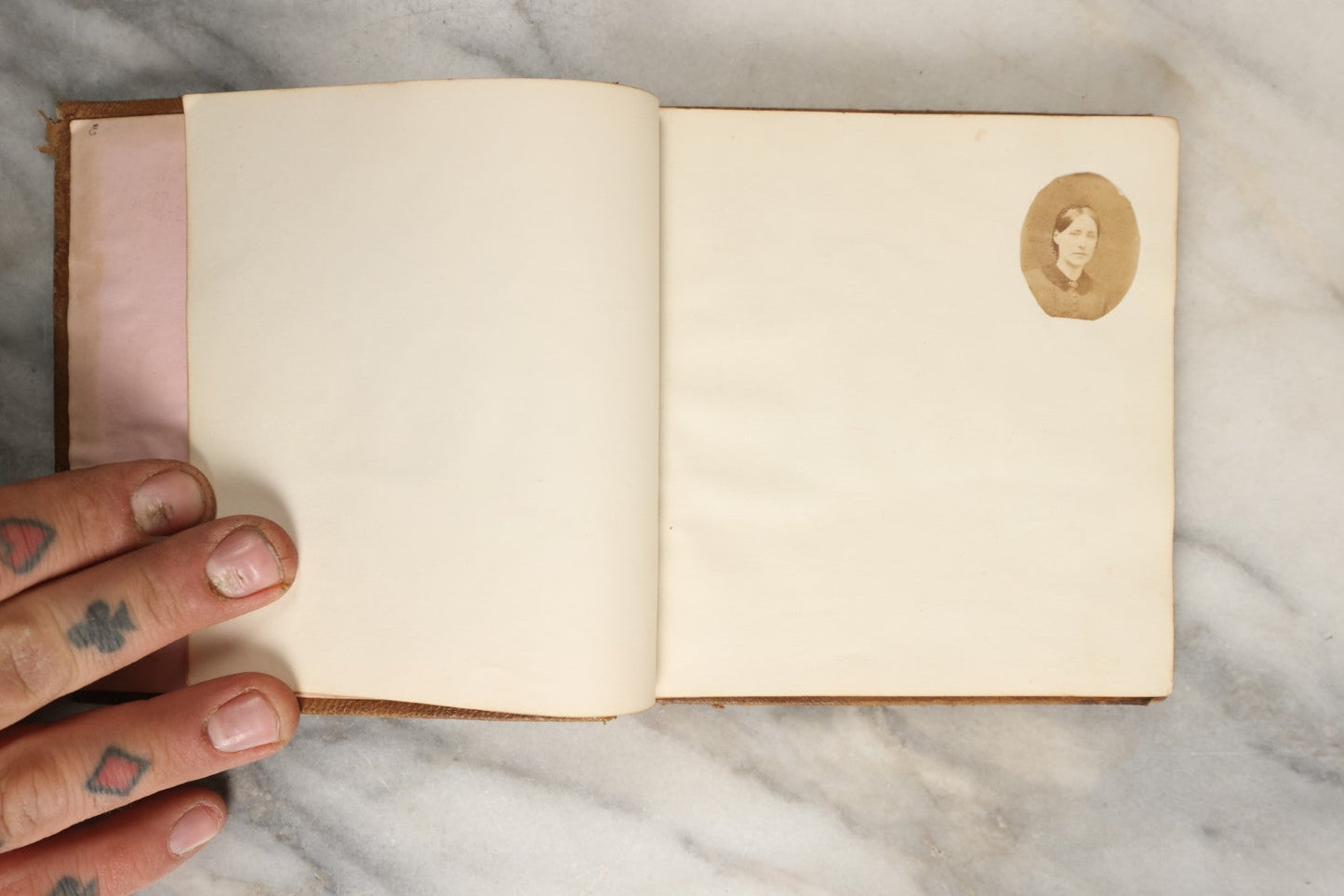 Lot 143 - Sparse Antique "Photographic Album" Leather Photography Album, Gifted To A Little Girl From Her Father Or Grandfather, Dated April 9, 1861, Mostly Empty