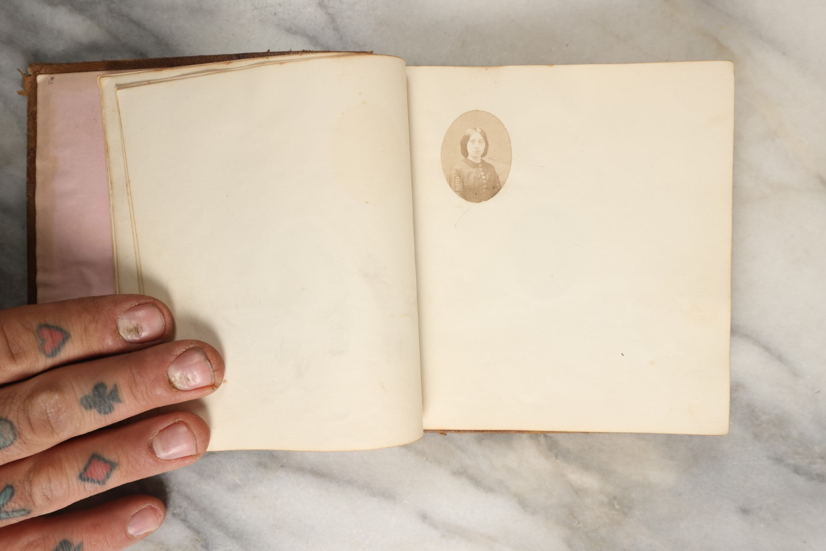 Lot 143 - Sparse Antique "Photographic Album" Leather Photography Album, Gifted To A Little Girl From Her Father Or Grandfather, Dated April 9, 1861, Mostly Empty